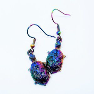 Handcrafted Rainbow Chromium Iridescent Sea Turtle Dangle Earrings